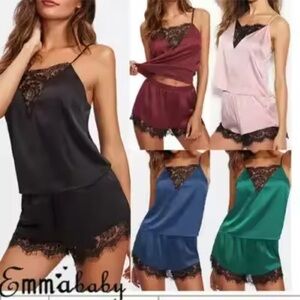 Ice Silk Lace edge 2pc set: shorts + sleeveless top Home wear Pajama Lingerie
